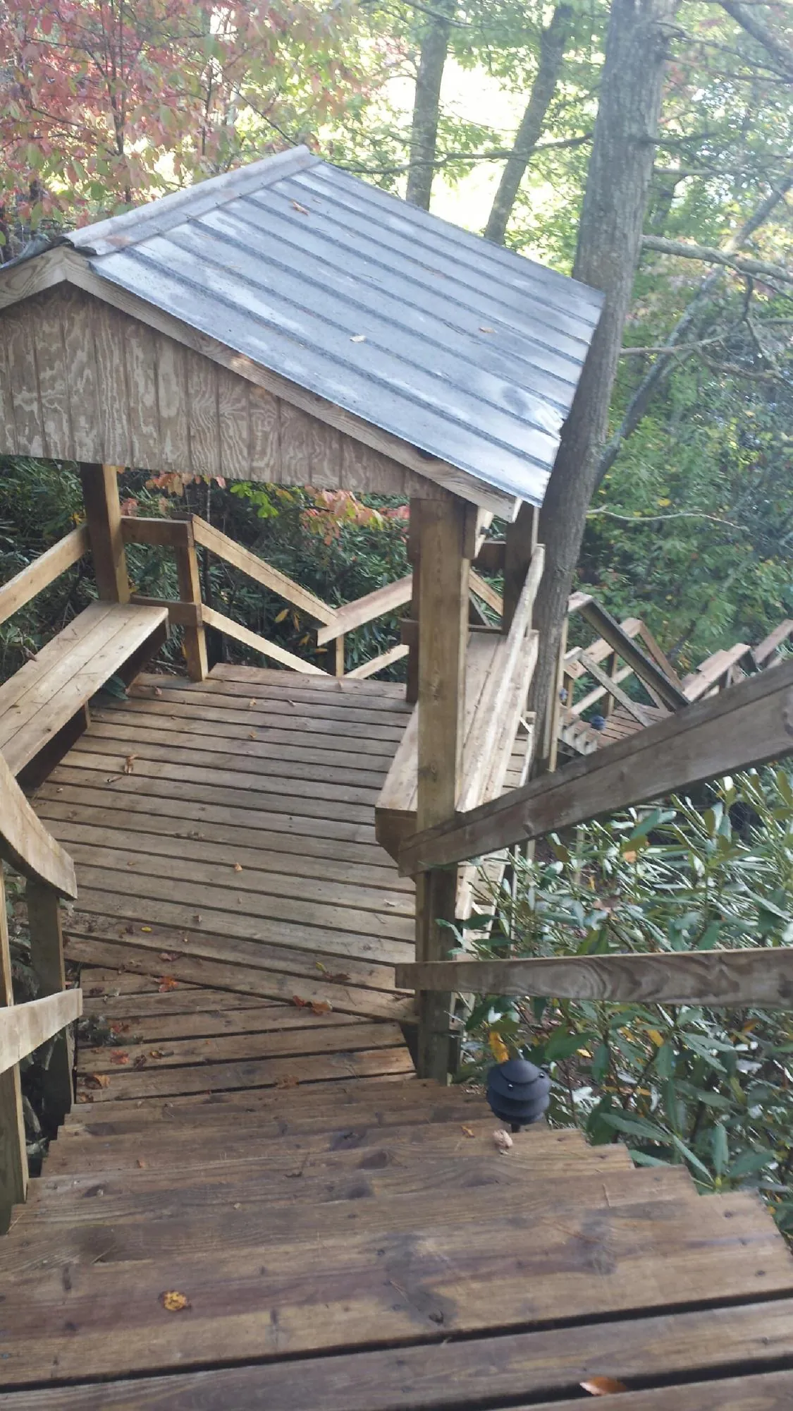 Metal roofed shelter over wooden steps on a wooded walkway — Skylight Repair & Installation work by our crew in Schwertner